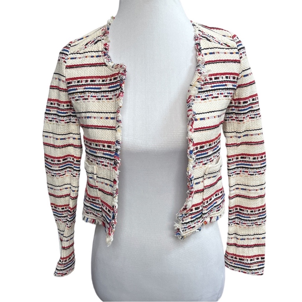 Joie Silana Tweed Raw Hem Jacket Cream Regal Red Size Xxsmall